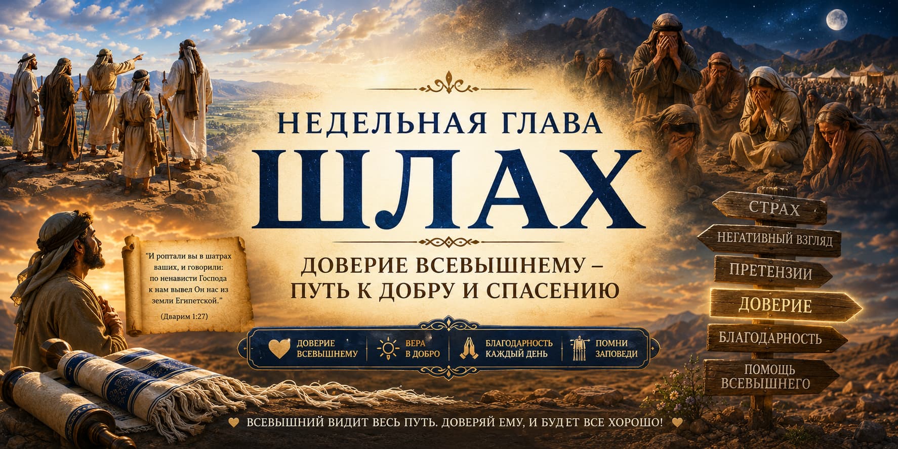 Недельная глава Шлах — художественная иллюстрация с разведчиками народом Израиля в пустыне цитатой из Торы и символическим изображением пути от страха и сомнений к доверию Вс-вышнему и благословению.