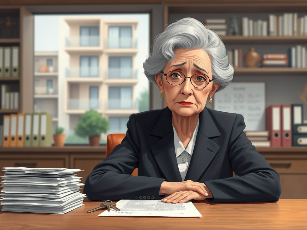 An elegant but visibly concerned elderly woman in formal attire sits at a desk covered with documents and house keys. The scene is set in a notary’s office, with shelves full of legal books and folders. In the background, a blurred image of two modern apa