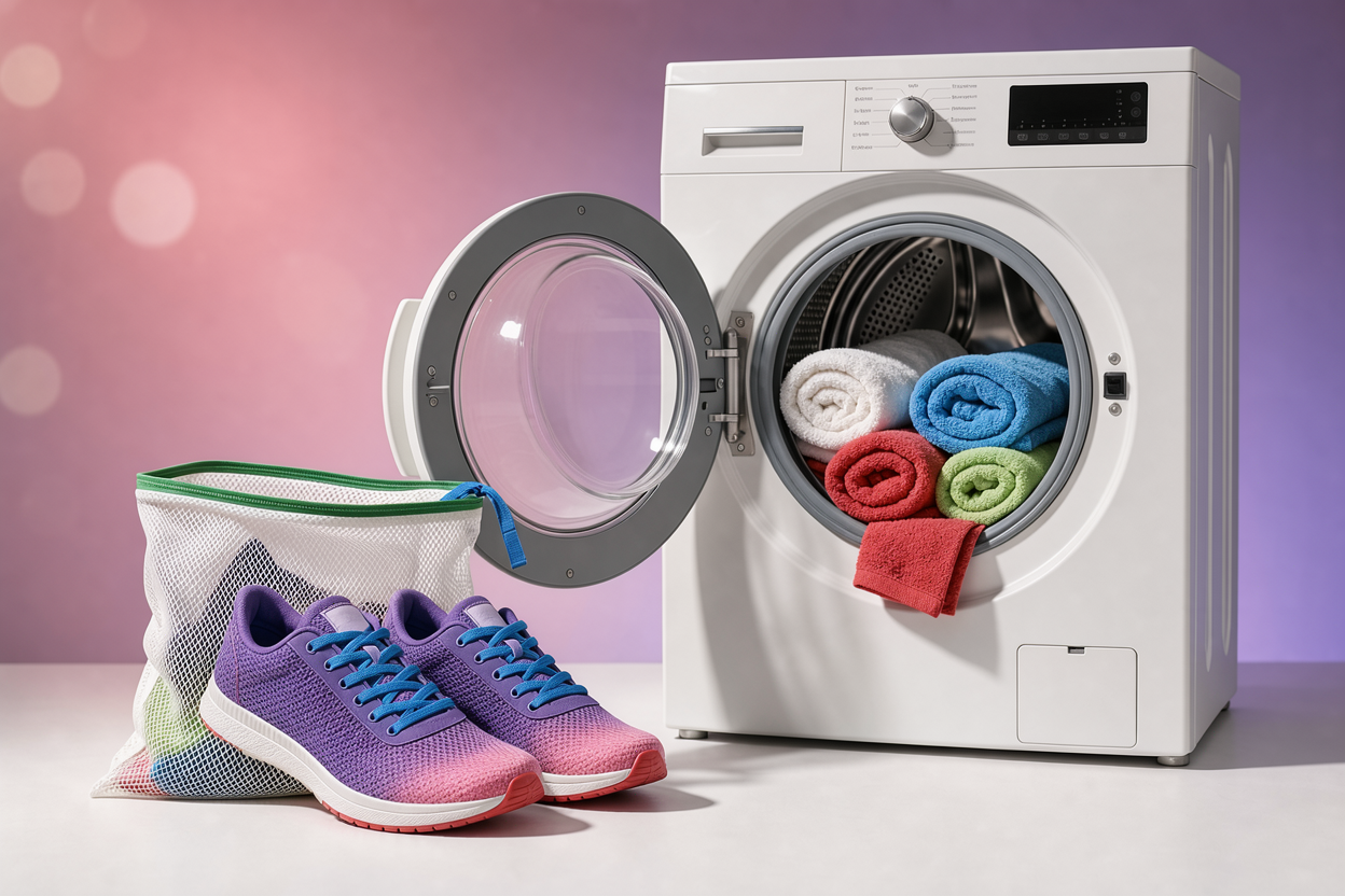 fabric sneakers placed inside a mesh laundry bag next to a washing machine with towels added to the drum to reduce noise and impact