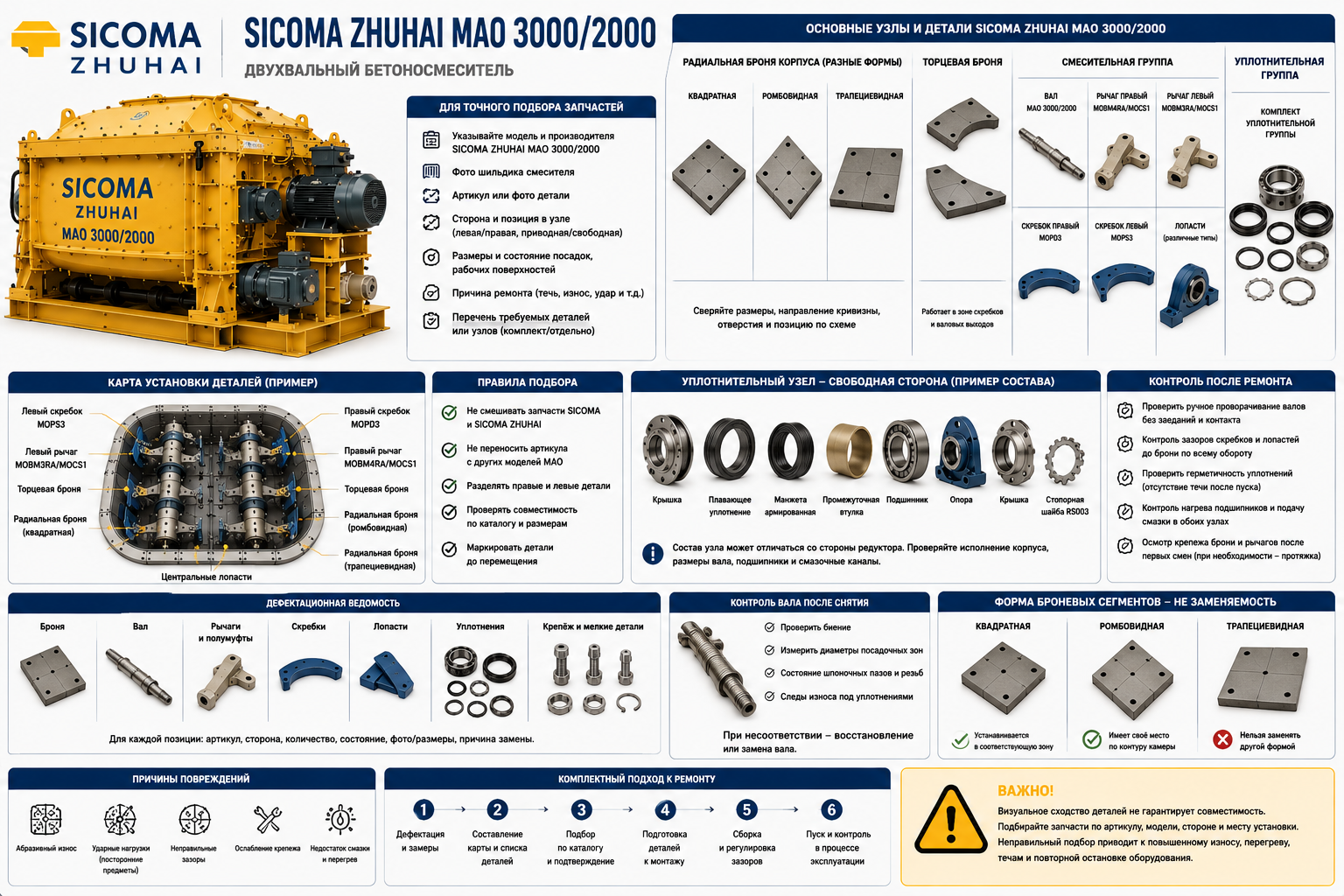 Запчасти SICOMA ZHUHAI MAO 3000/2000: броня, скребки и вал