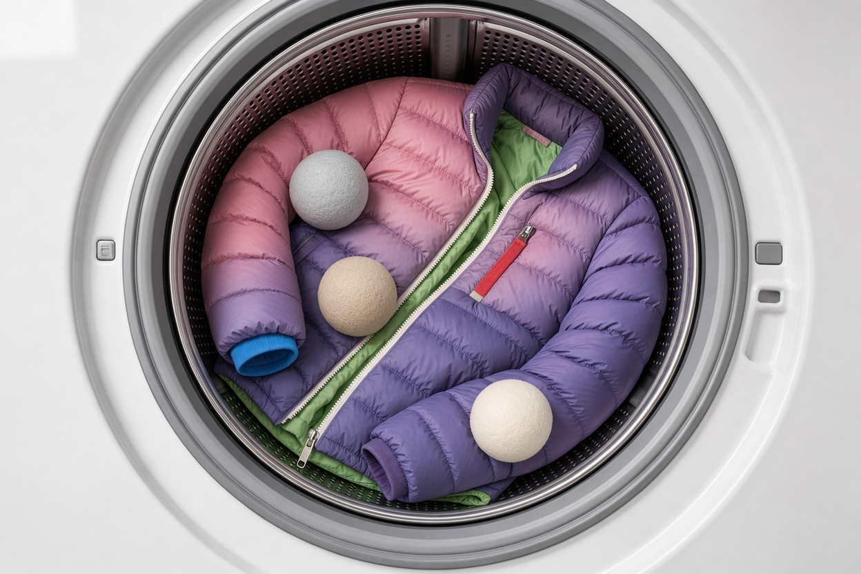 Top-down view of a puffer jacket placed gently inside a washing machine drum with a few neutral laundry balls, no logos