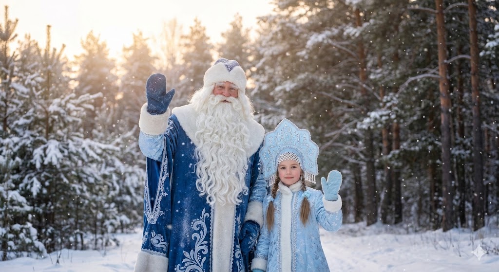 Дед Мороз и Снегурочка прощаются с зимой на фоне заснеженного леса 30 января