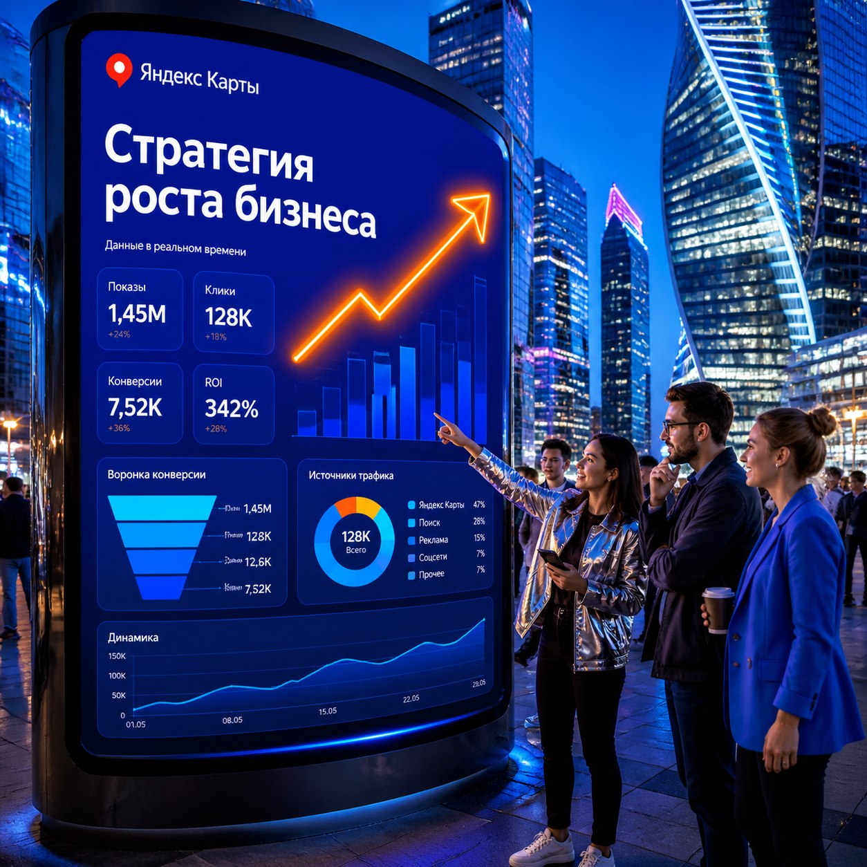 Городской цифровой киоск вечером с визуализацией стратегии роста бизнеса и логотипом Яндекс Карт 