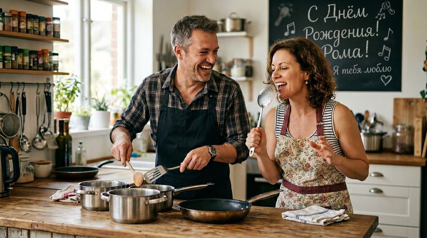 Женщина исполняет песню на юбилей мужу, муж играет на катрюлях и подпевает ей