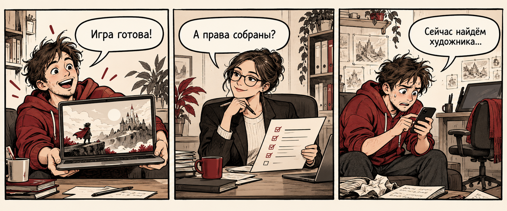 Три кадра: разработчик радуется — «Игра готова!». Юрист спрашивает — «А права собраны?». Разработчик ищет контакт — «Сейчас найдём художника…».