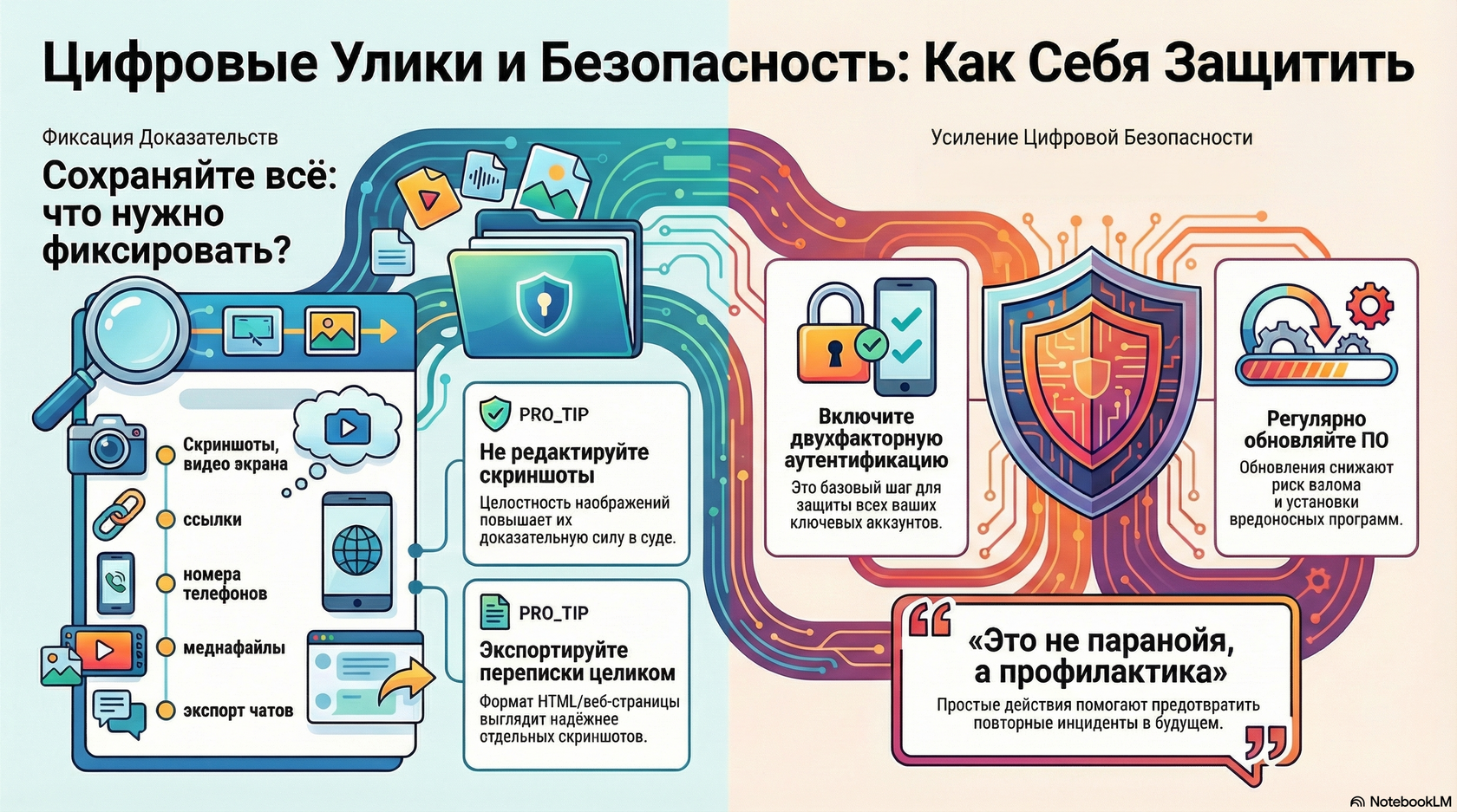Инфографика о цифровых уликах, содержащая советы по фиксации доказательств и усилению кибербезопасности, включая двухфакторную аутентификацию.