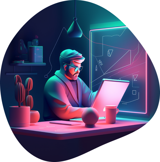 мужчина сидит за компьютером, неоновые цвета