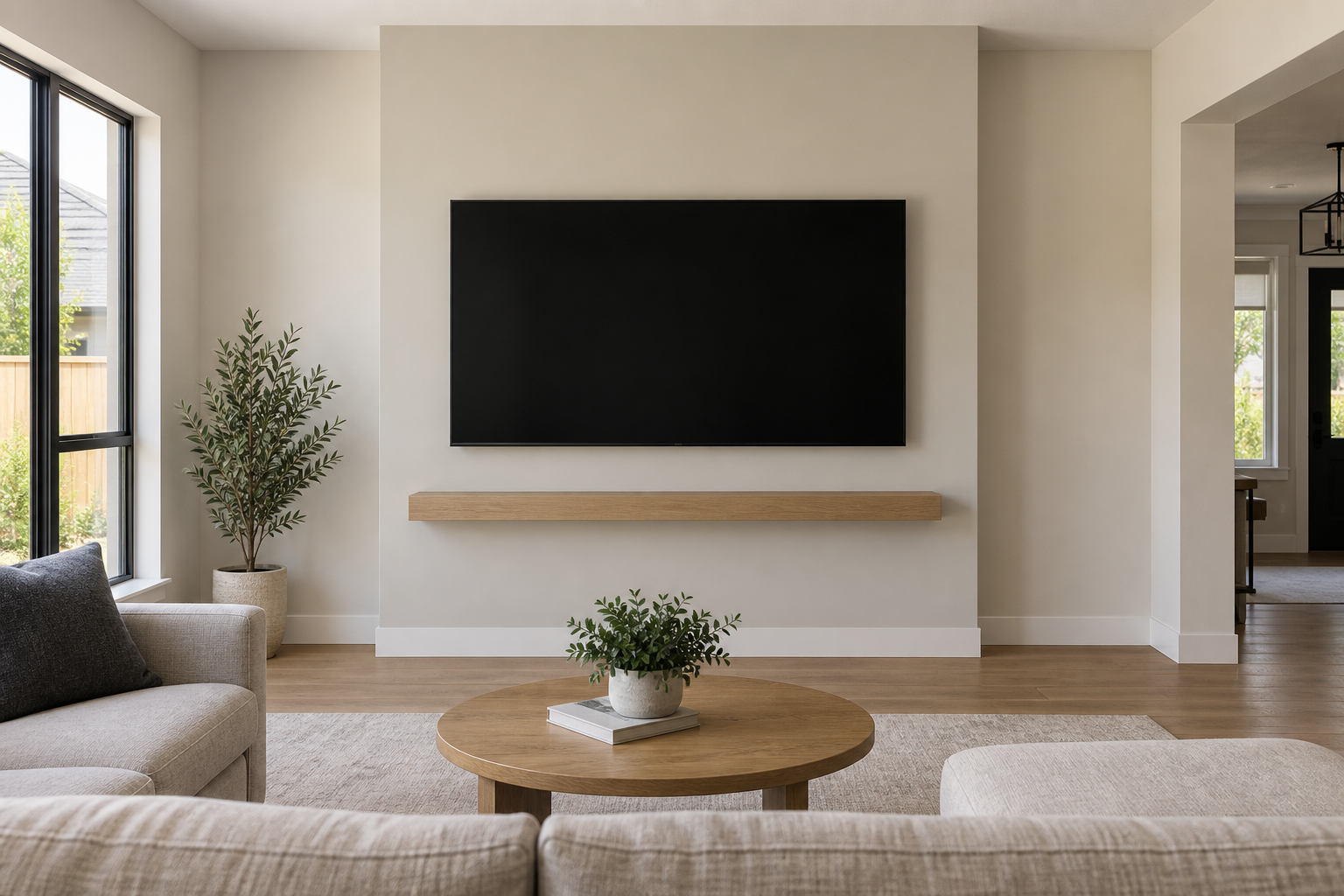 Simple warm-white TV feature wall with concealed wiring and a floating natural oak shelf in a contemporary Dallas living room.