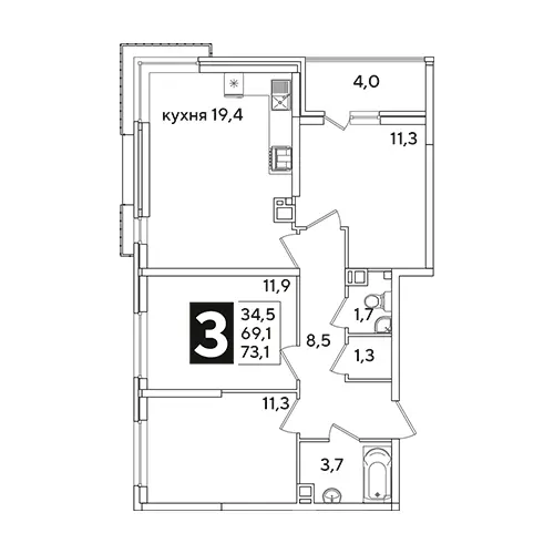 Планировка ЖК Новые Сезоны 2 — Трёхкомнатные: вариант 3