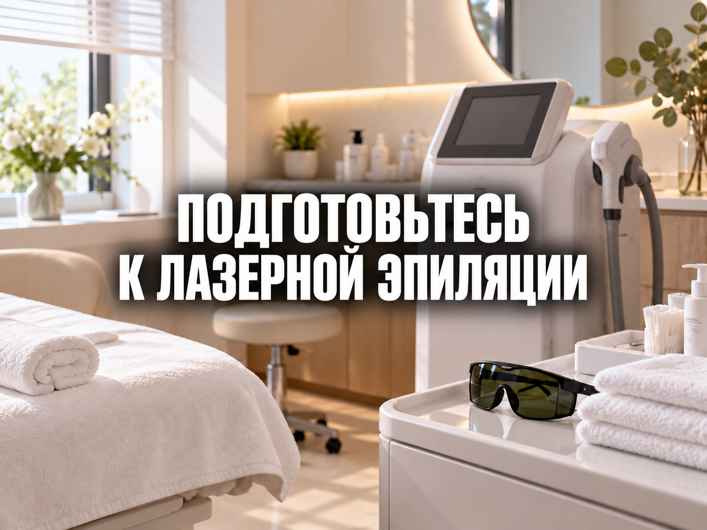 Памятка о подготовке к лазерной эпиляции перед записью в Екатеринбурге; по центру фраза «ПОДГОТОВЬТЕСЬ К ЛАЗЕРНОЙ ЭПИЛЯЦИИ»