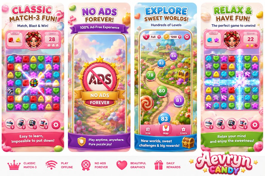 Aevryn Candy — классическая игра три в ряд без рекламы для Android