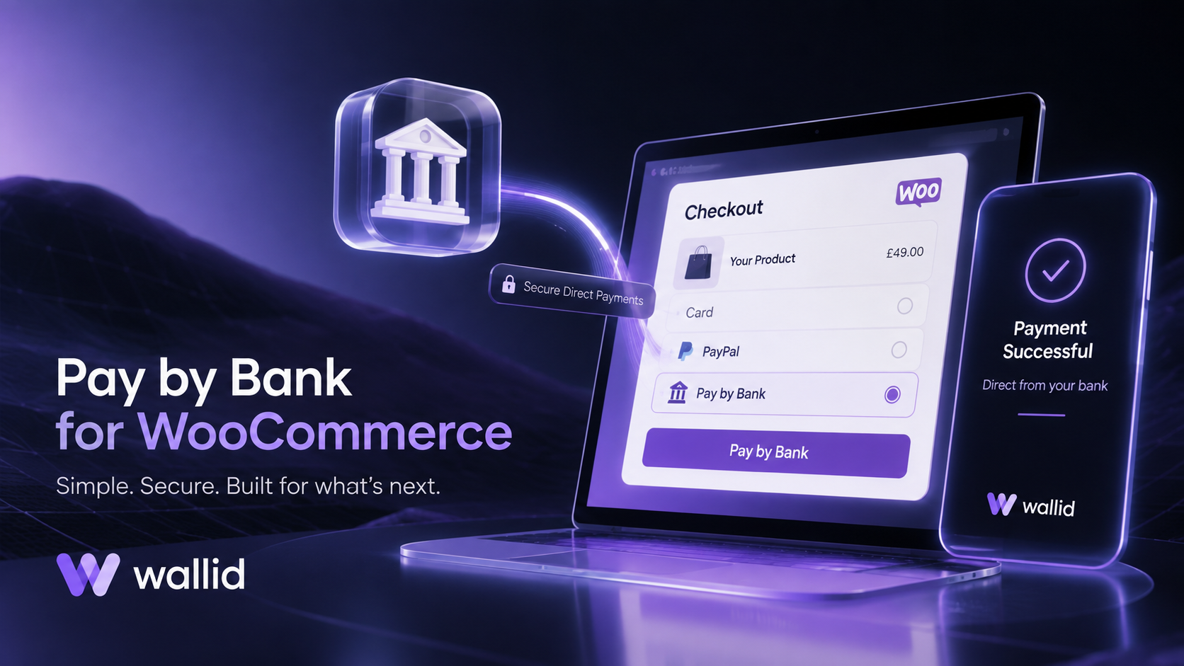 Futuristic WooCommerce Pay by Bank checkout showing a customer-approved bank payment journey