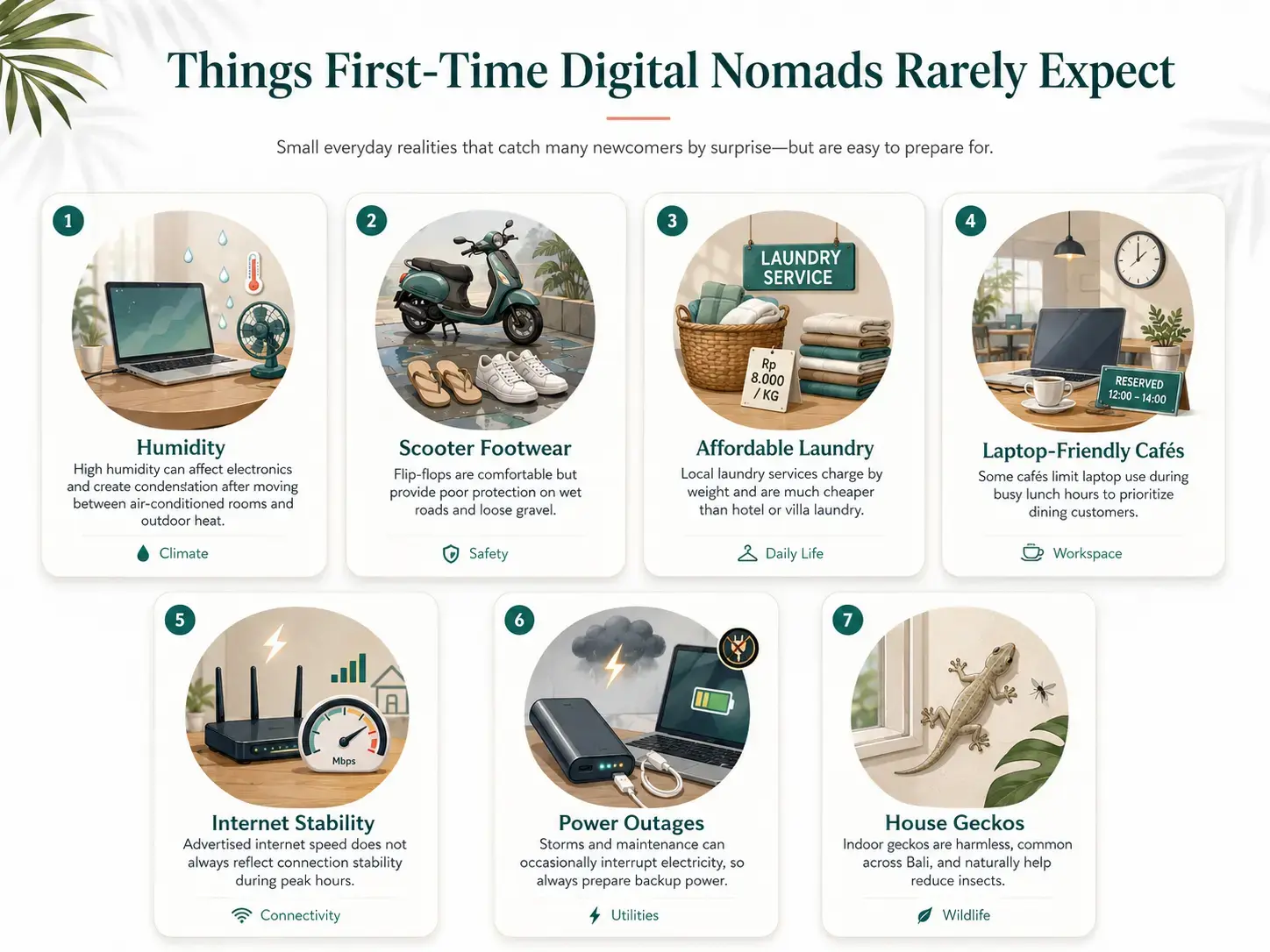 An illustrated infographic titled 'Things First-Time Digital Nomads Rarely Expect', highlighting seven everyday realities. It covers topics like humidity affecting laptops, the need for proper scooter footwear, affordable laundry, internet stability issues, power outages, and common house geckos.