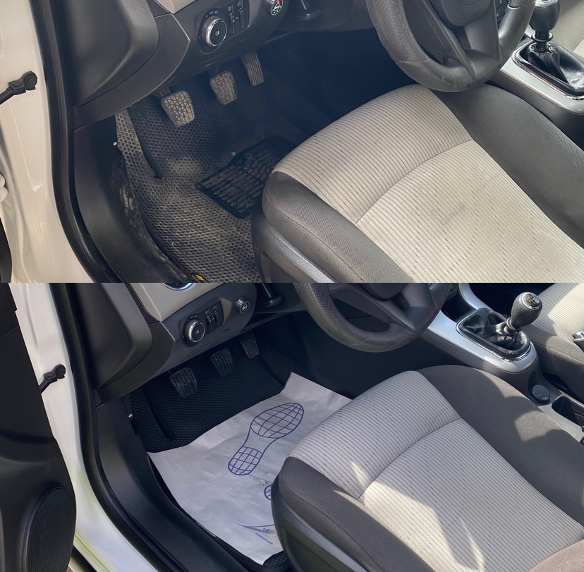 Химчистка Chevrolet Cruze — водительское сиденье и зона ног до и после, Краснодар