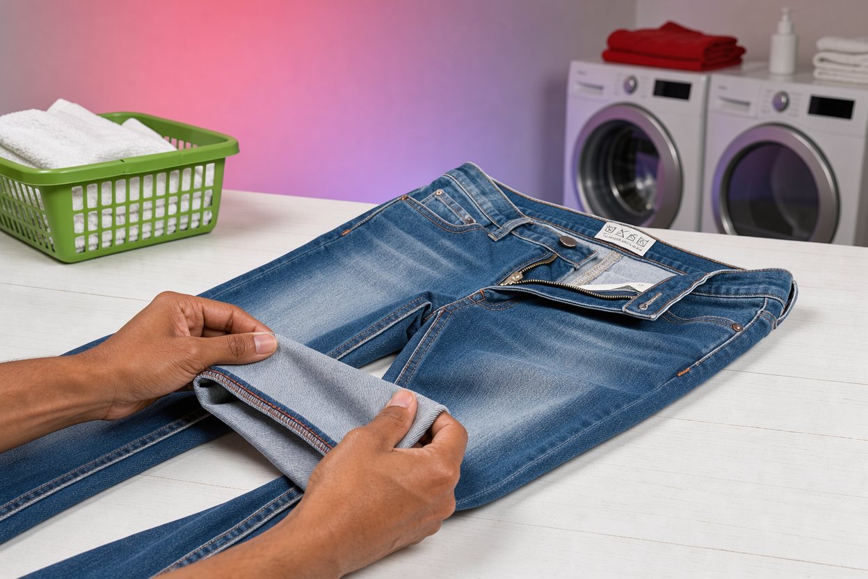 Hands turning denim jeans inside out on a wooden table, visible care label and zipper fastened, laundry room context, no cleaning products visible
