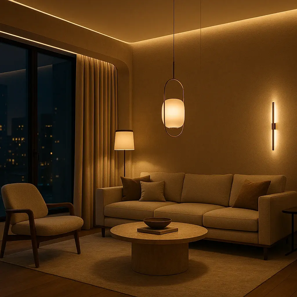 Многоуровневое освещение: линии/бра/подвесы, уютная сцена 2700–3000K