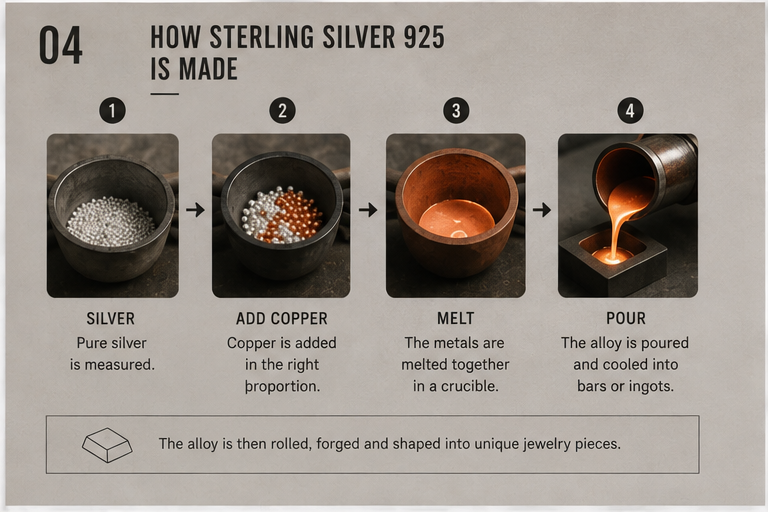 Four-step process for making sterling silver 925 by adding silver copper melting and casting