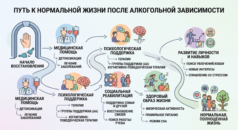Путь к нормальной жизни после алкогольной зависимости: инфографика