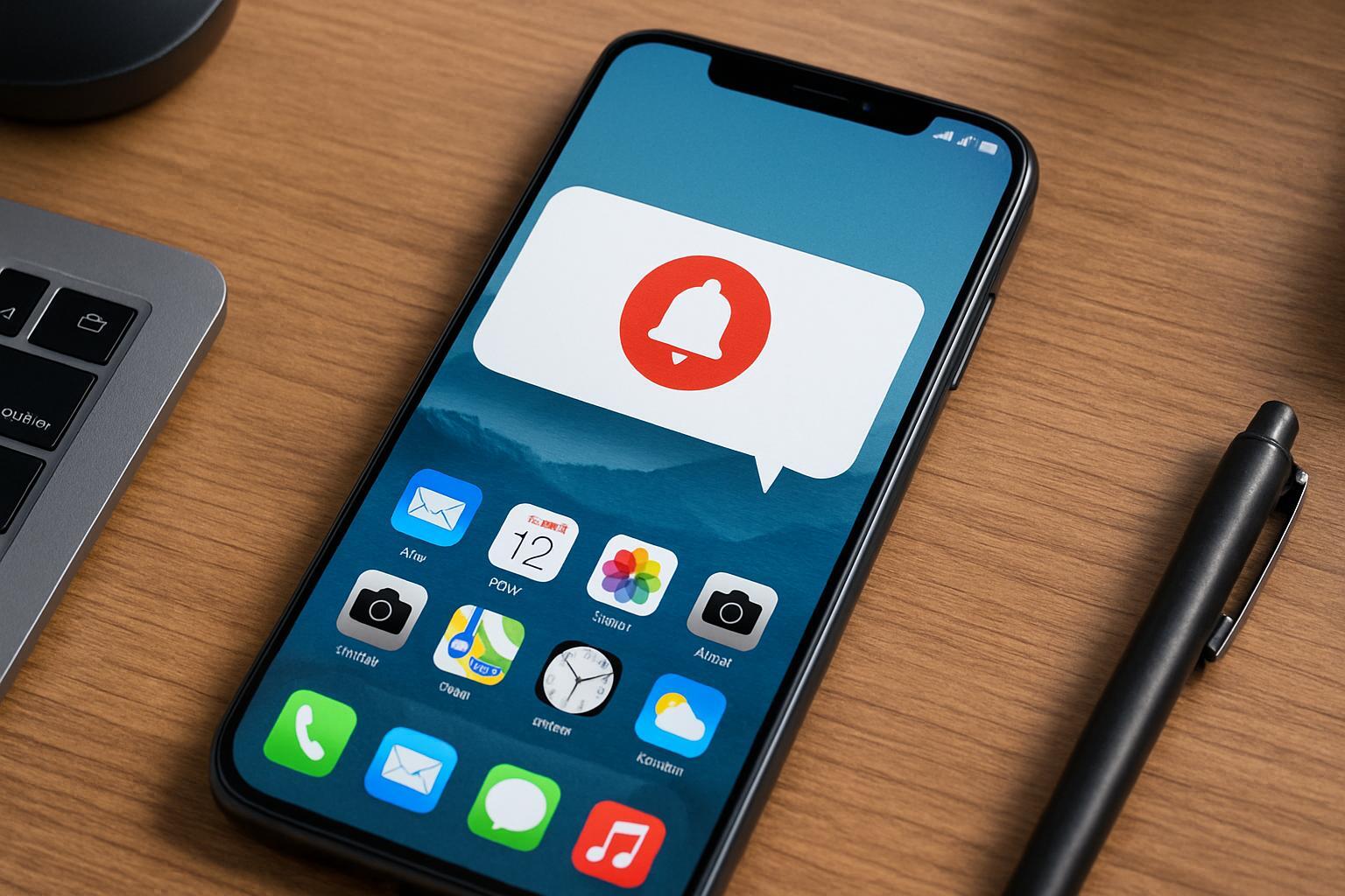 Смартфон получает push-уведомление от приложения на фоне рабочего стола, символизируя мгновенную доставку информации пользователю