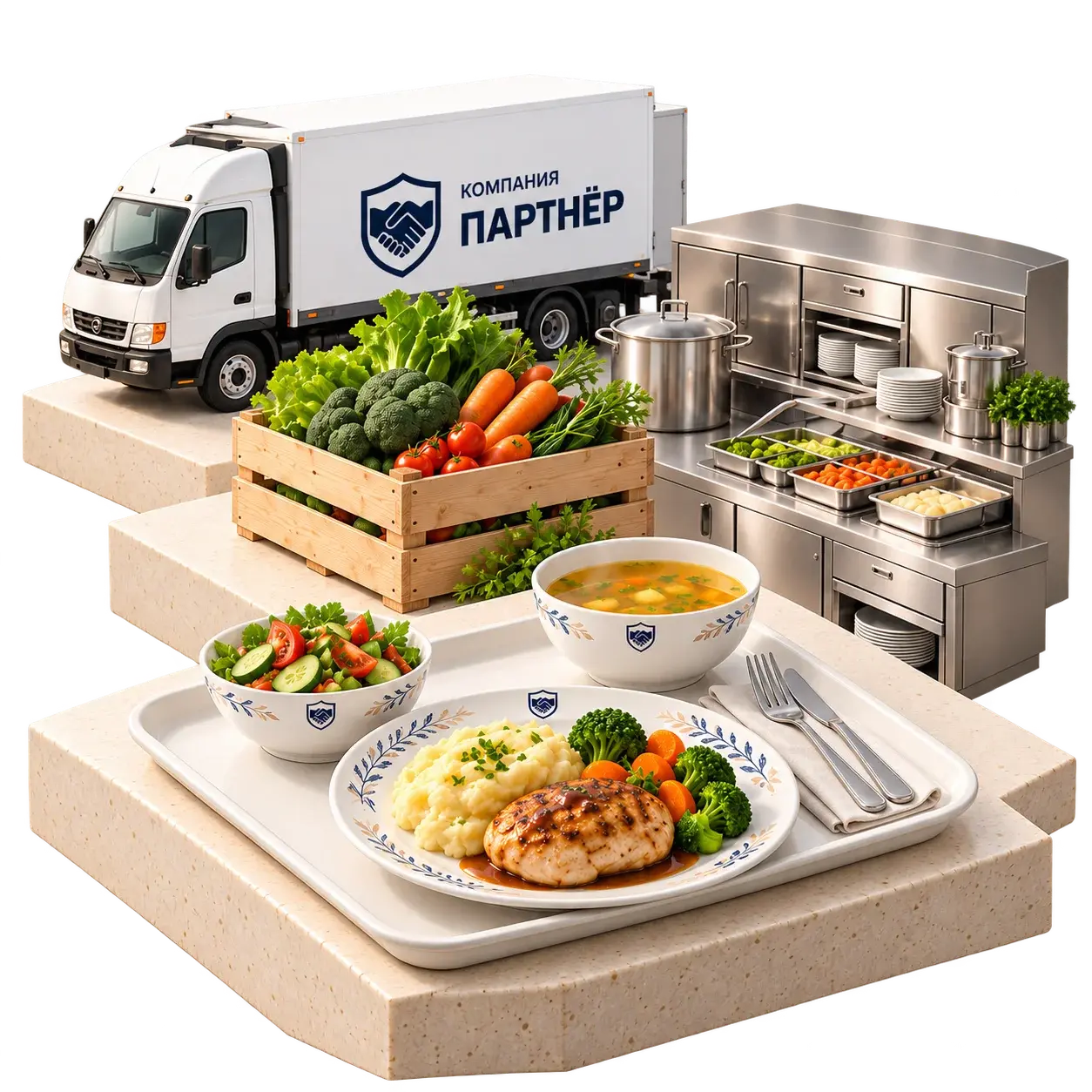 Иллюстрация полного цикла питания: продукты, кухня, доставка и готовые блюда