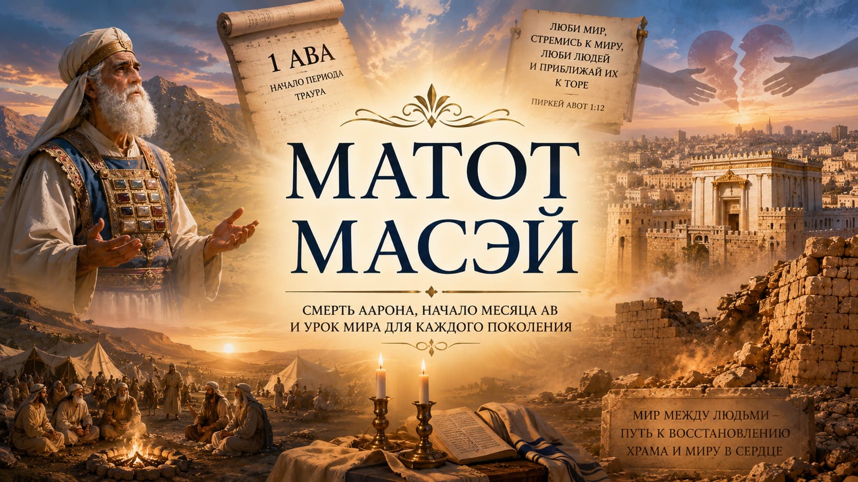 Иллюстрация к недельным главам Матот–Масэй: Аарон Коэн первое Ава начало месяца Ав духовный урок о мире между людьми единстве народа Израиля и памяти о разрушении Иерусалимского Храма.