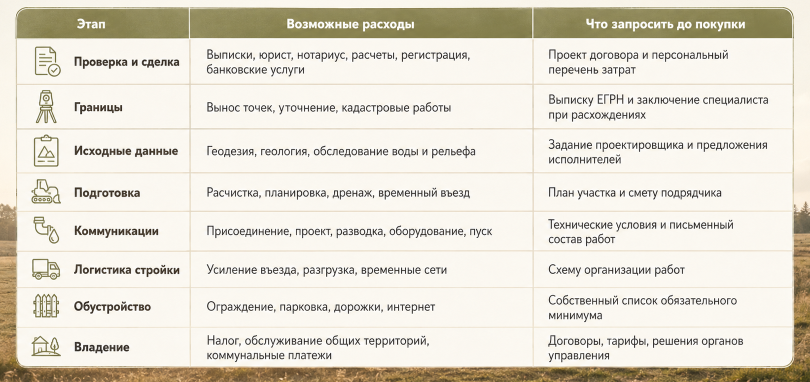 проверка, сделка, полная стоимость, границы, коммуникации, логистика стройки, обустройство, владение, договор, ЕГРН