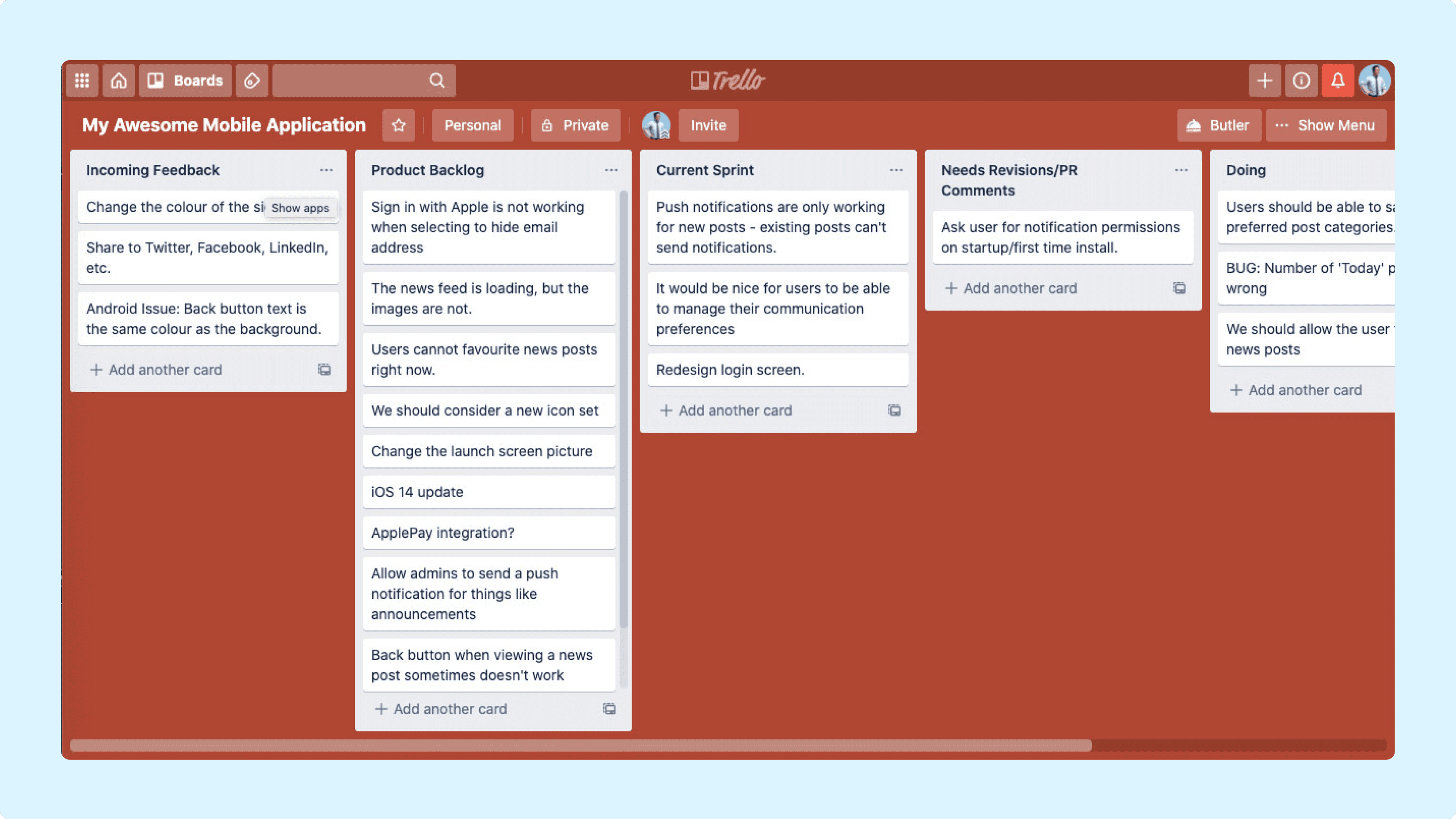 Пример работы с задачами проекта на Канбан-доске на примере сервиса Trello