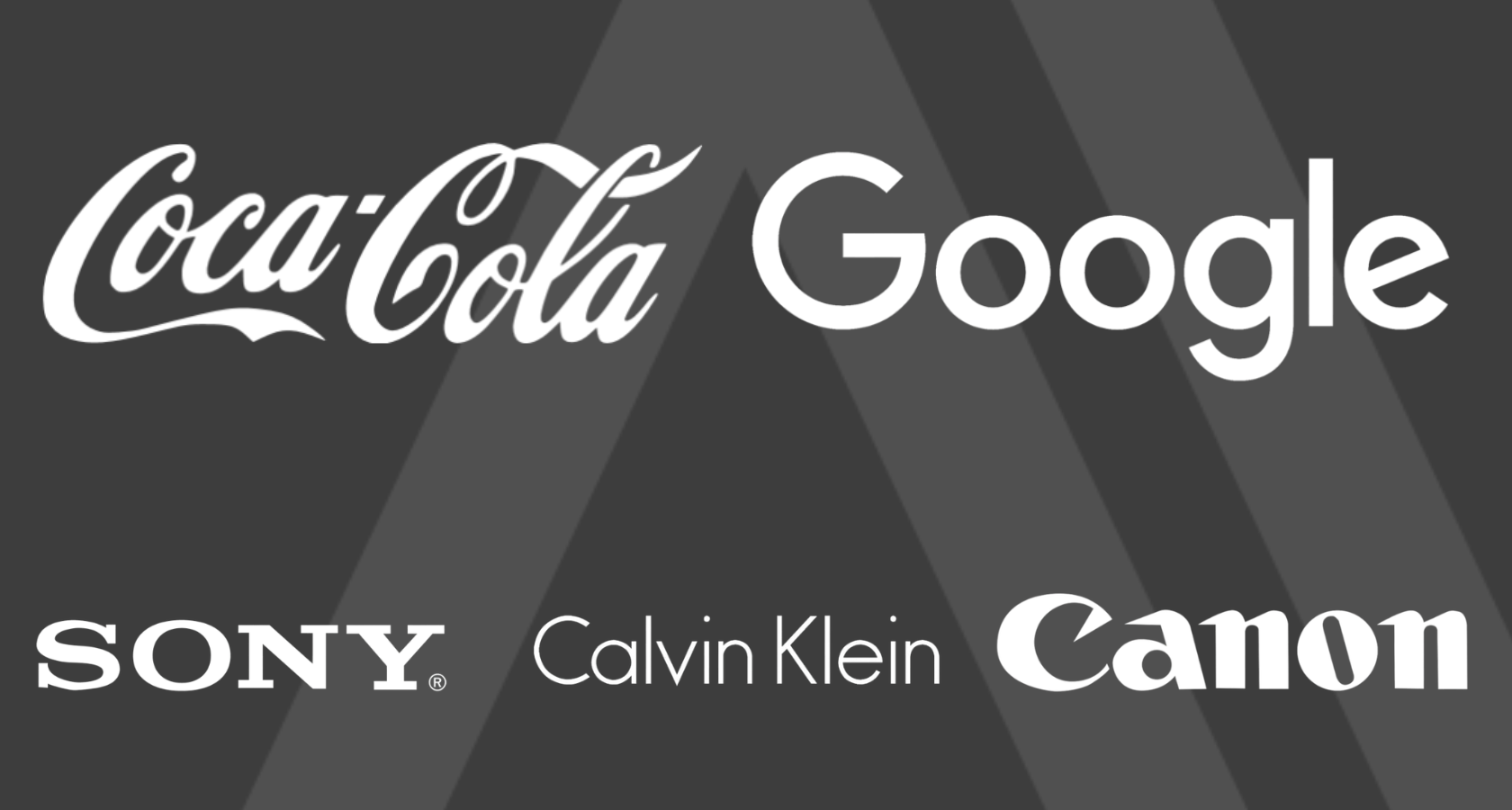 Well-known wordmark logos including Coca-Cola, Google, Sony, Calvin Klein and Canon shown in white typography.