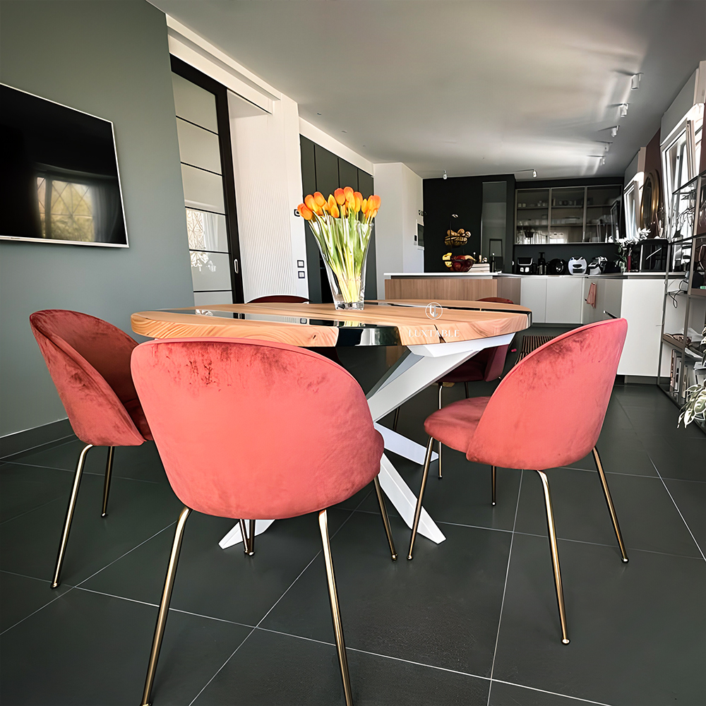 Tavolo rotondo da pranzo in olmo e resina verde bosco