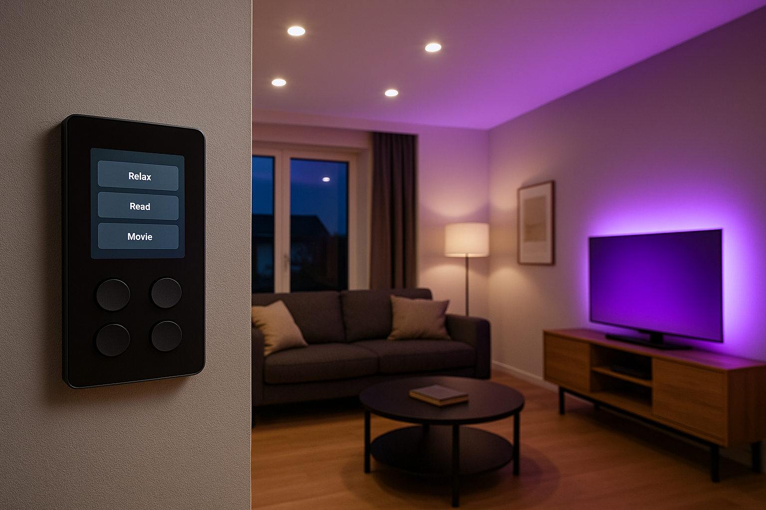 Интерьер с умным освещением: панель управления световыми сценариями в гостиной.