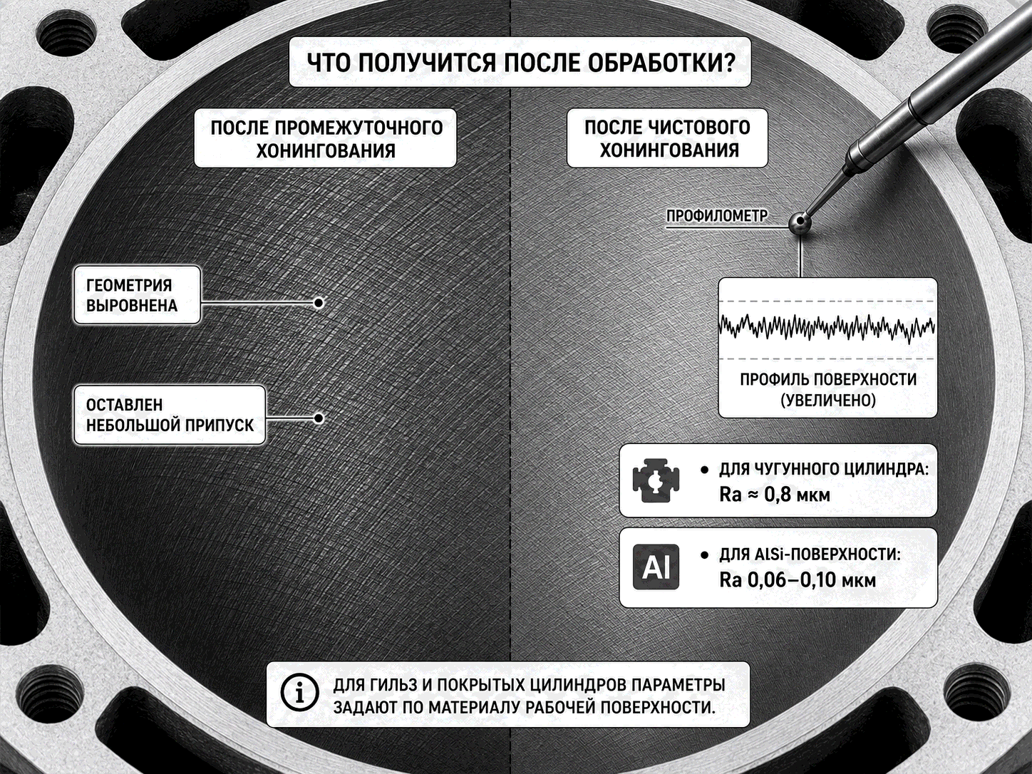 Сравнение поверхности после промежуточного и чистового хонингования