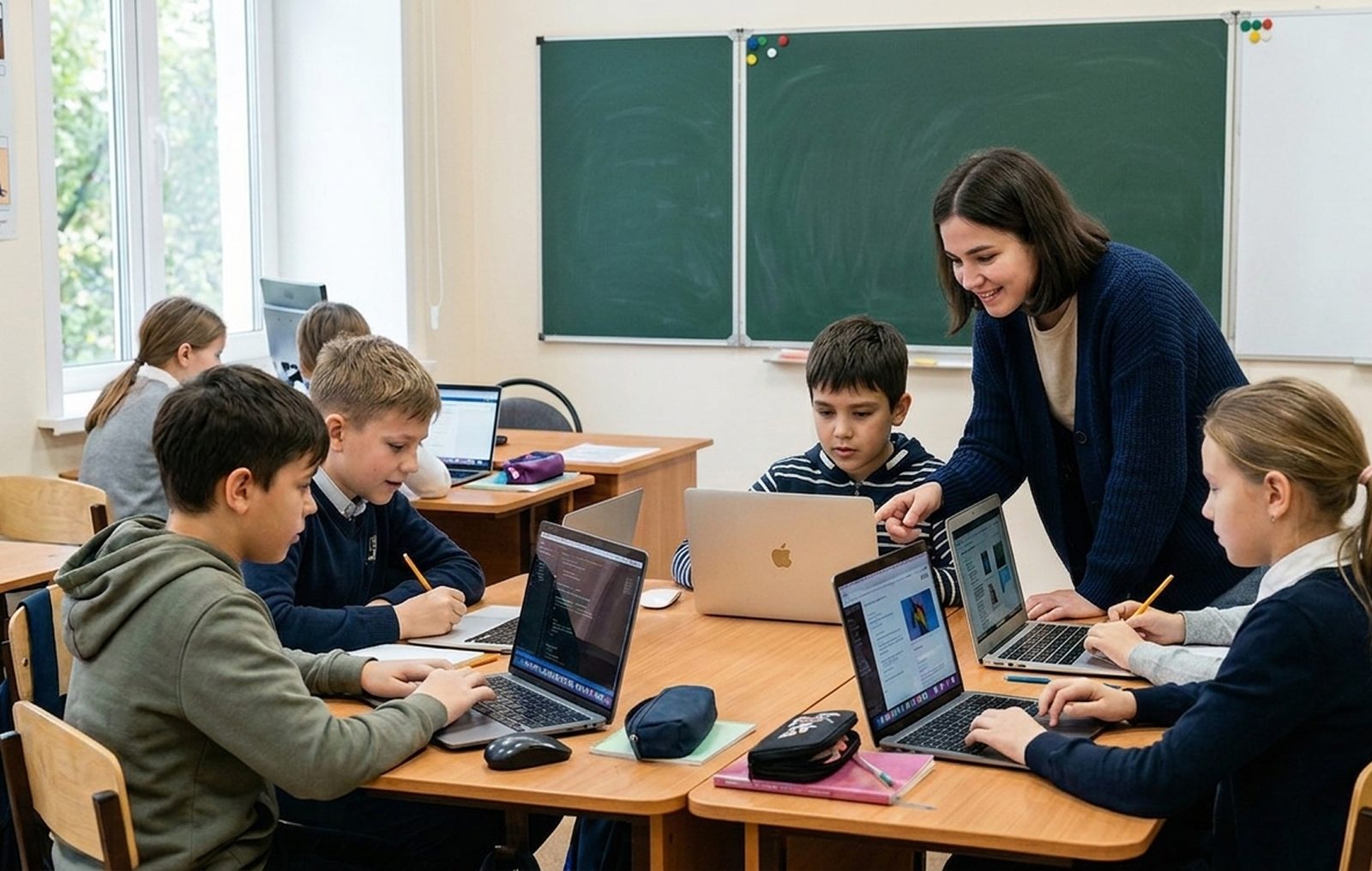 Дети с преподавателем за ноутбуками на мастер-классе