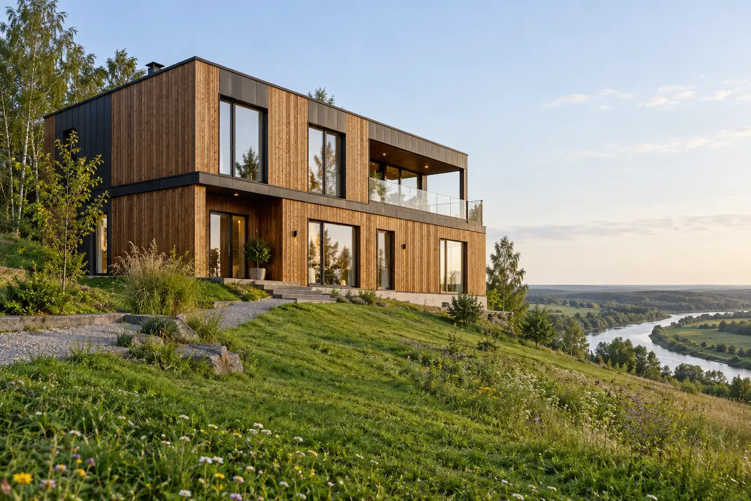 Визуализация: Новый двухэтажный дом с деревянным фасадом на склоне с видом на реку