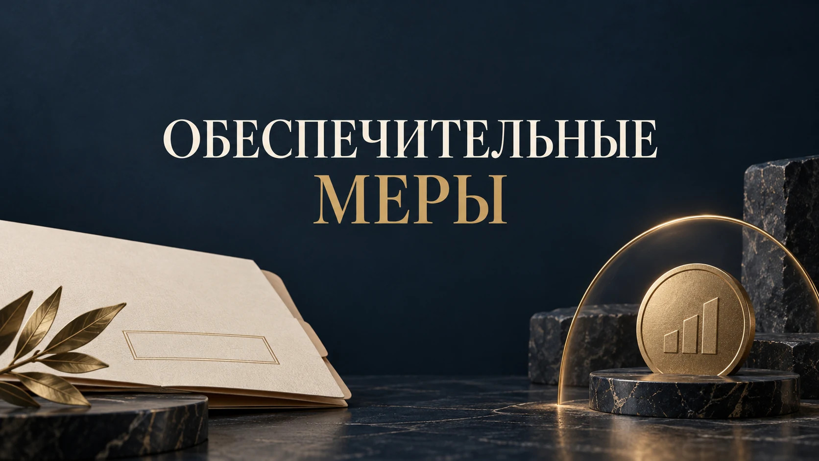 Концептуальная обложка об обеспечительных мерах: судебный документ, сохранённый актив и золотая защитная линия на тёмно-синем фоне