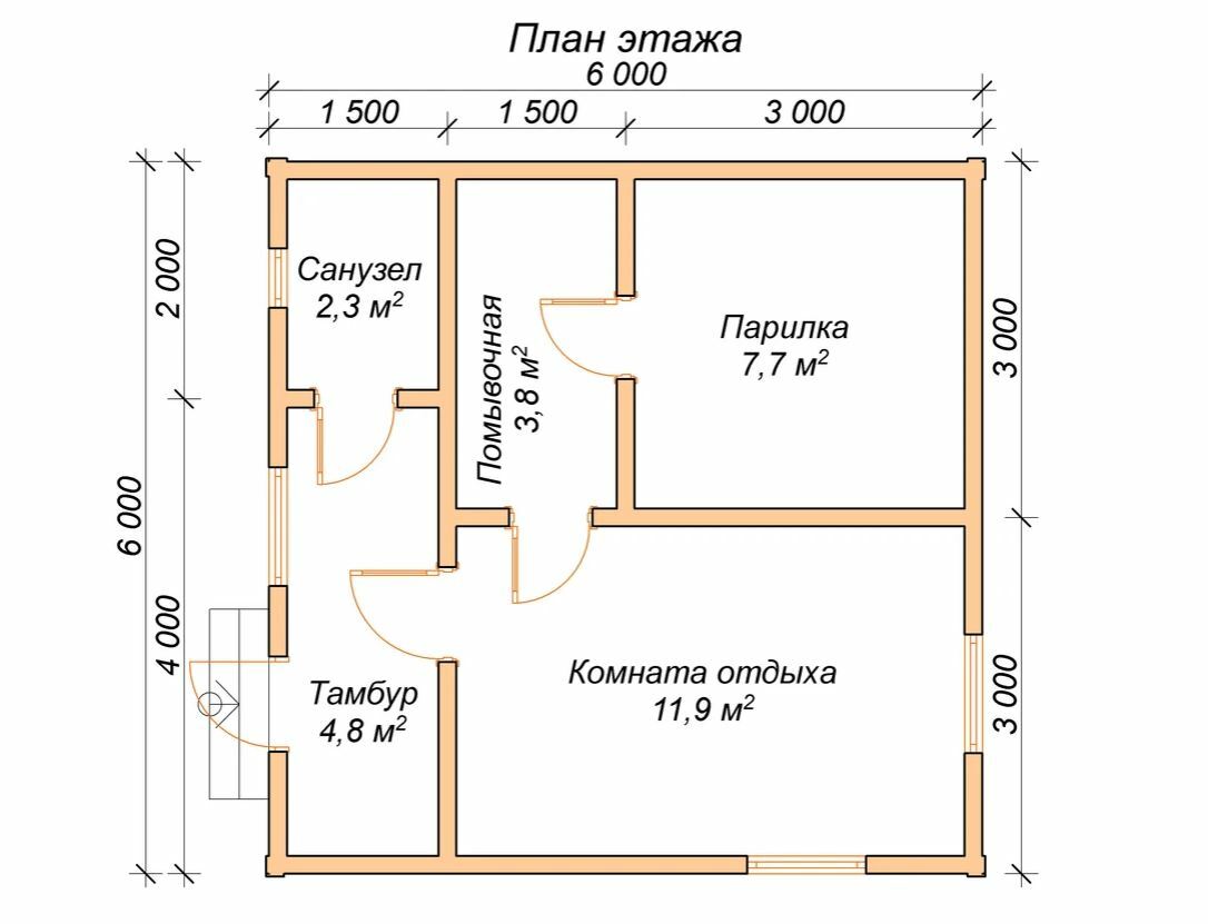 Проект бани 6х5 с туалетом и комнатой отдыха