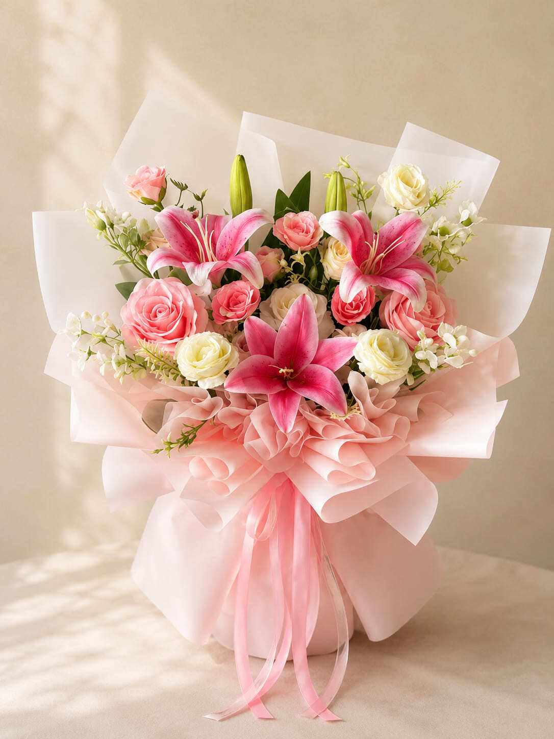 Luxury pink lily and rose bouquet with elegant wrapping for flower delivery in Rabat Morocco