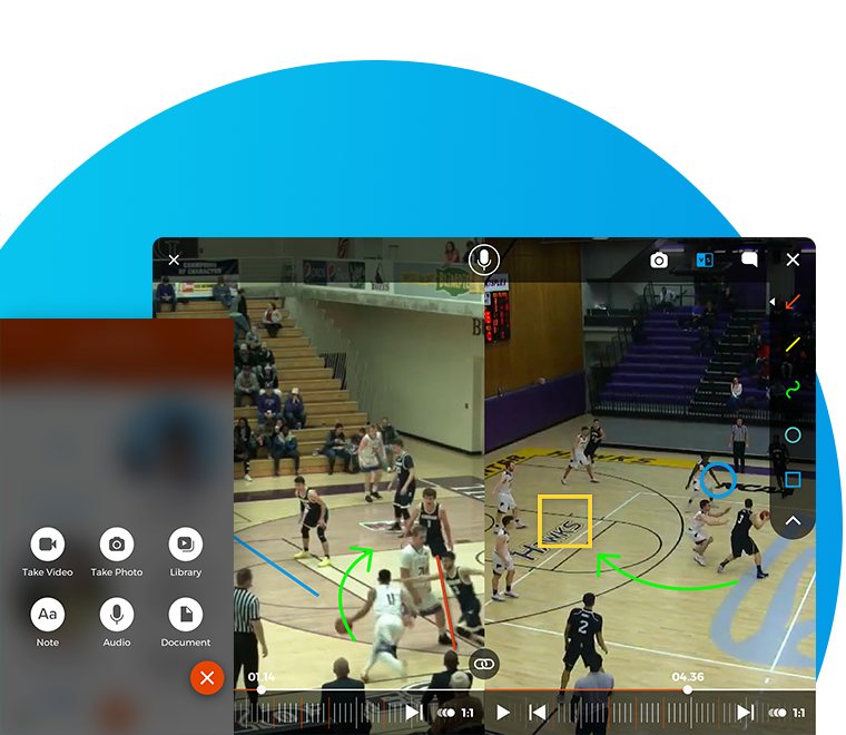 two side by side videos on the coachnow app of men playing basketball with video annotations