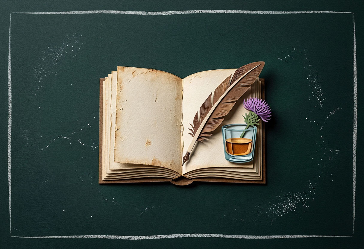 Бумажная иллюстрация: раскрытая книга, перо, чертополох и бокал виски в стиле BlackWood