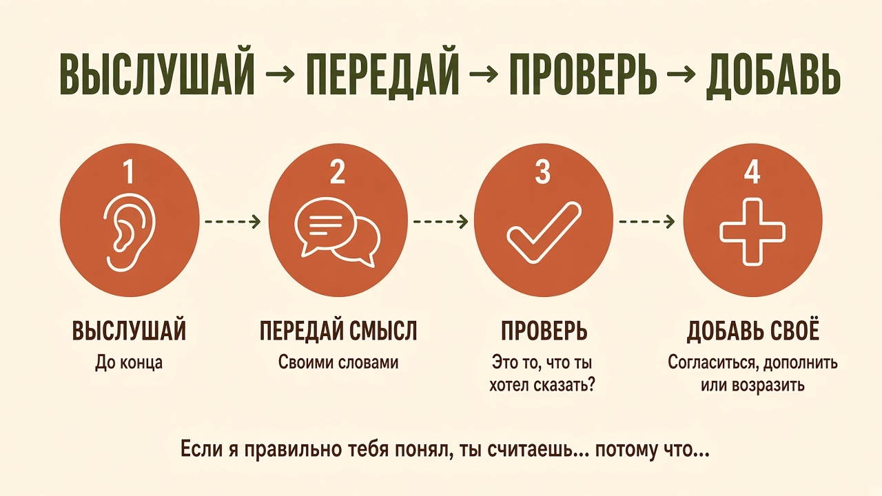 Четыре шага: выслушай, передай смысл, проверь, добавь своё