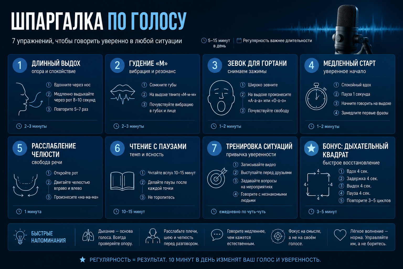 Шпаргалка по7 упражнениям которые помогут избавиться от дрожи в голосе