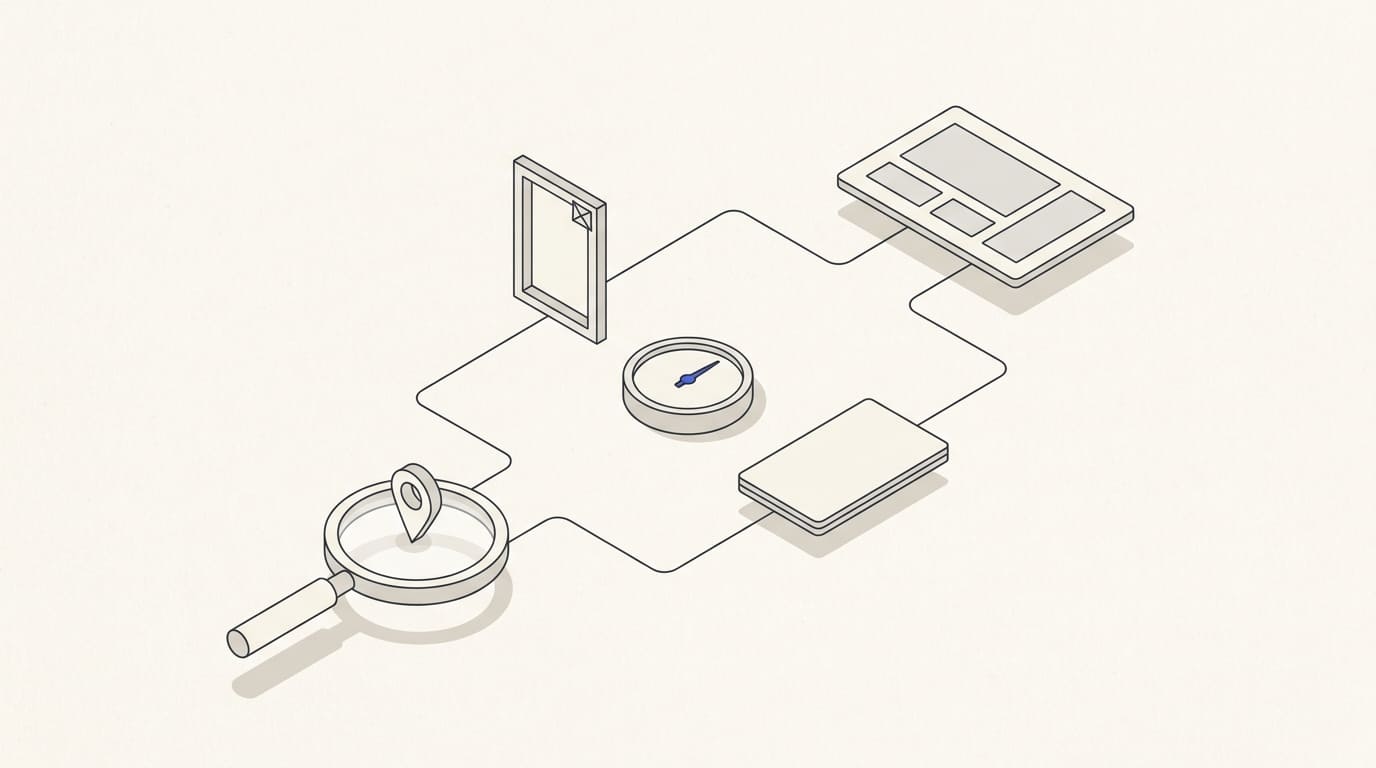 A search lens with a company marker and two routes to a website through an ad and a plain result.