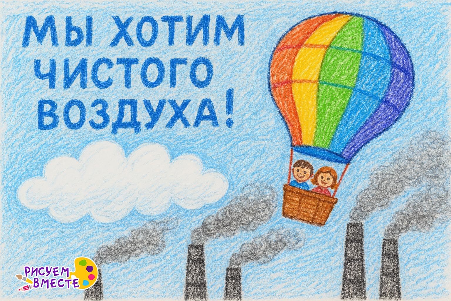 Детский рисунок цветными карандашами «Мы хотим чистого воздуха» воздушный шар с детьми поднимается в небо над заводскими трубами которые выпускают дым на фоне голубого неба и белых облаков экологический плакат о чистом воздухе и защите природы