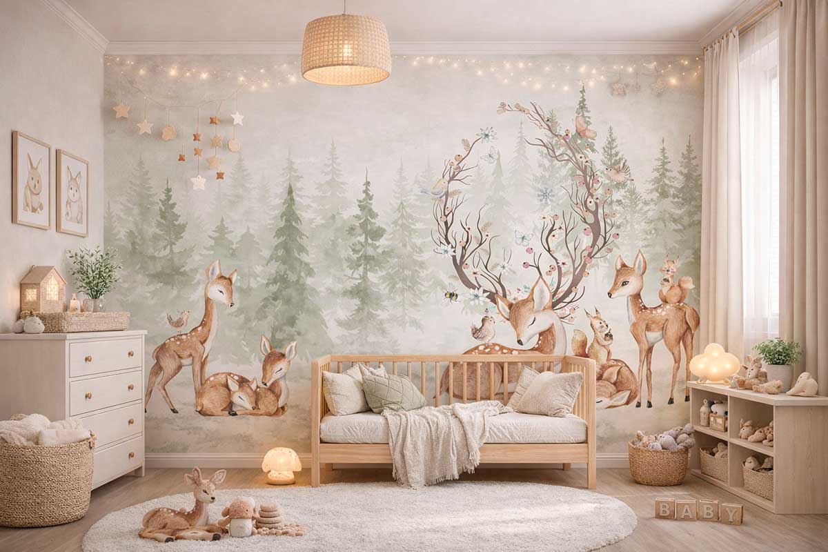 серые фотообои в детскую, обои с оленями в серых тонах, серый лес на стене, спокойные серые обои для детской, нейтральный лесной принт, обои в детскую в серо-природной гамме