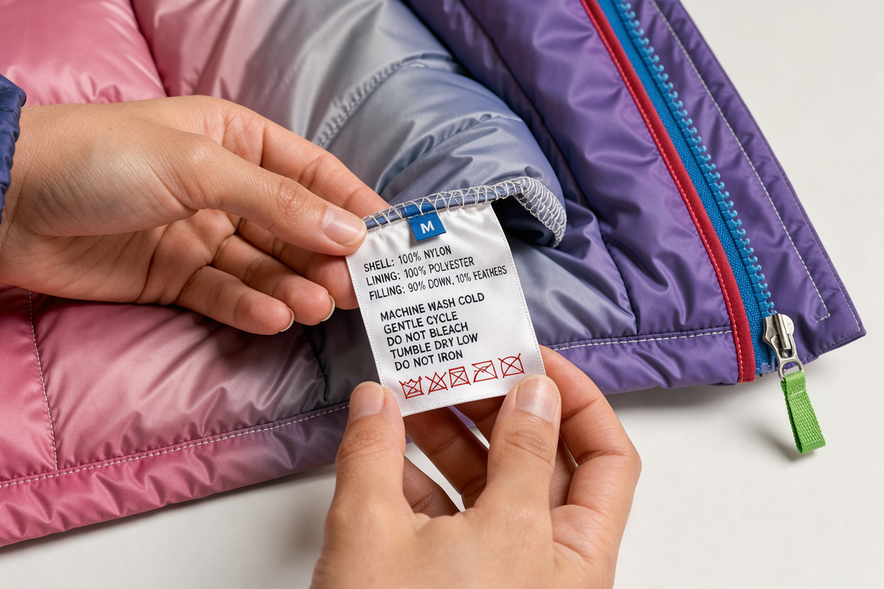Close-up of hands reading the care label of a winter down jacket, clear text on label, zipper and seams visible, neutral background