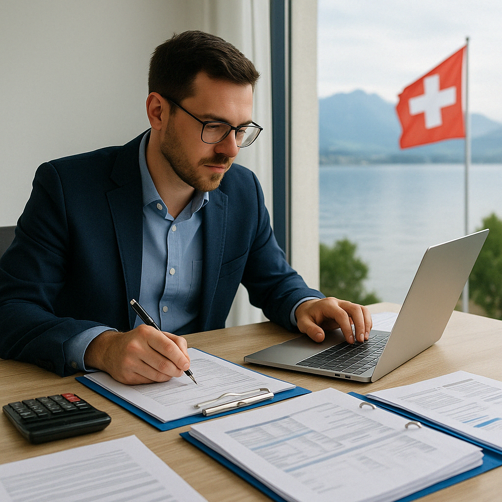 Buchhalterin in modernem Büro in der Schweiz analysiert Geschäftszahlen mit Laptop und Belegen auf dem Tisch