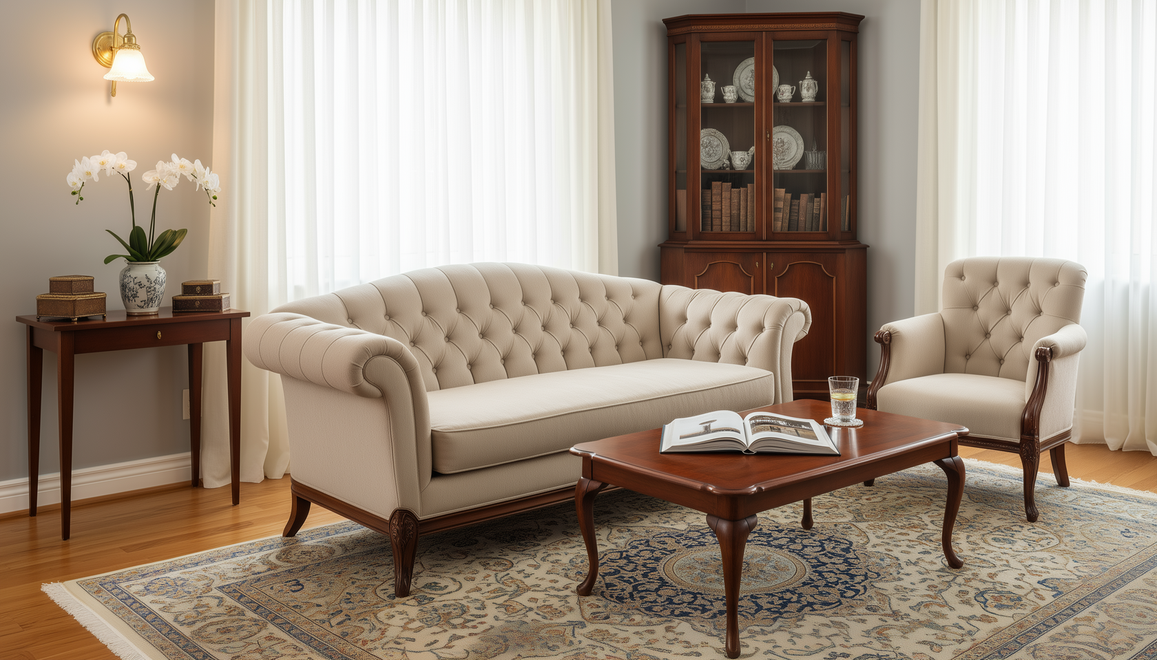 Гостиная Сириус - элегантный интерьер с панорамным окном и современной мебелью