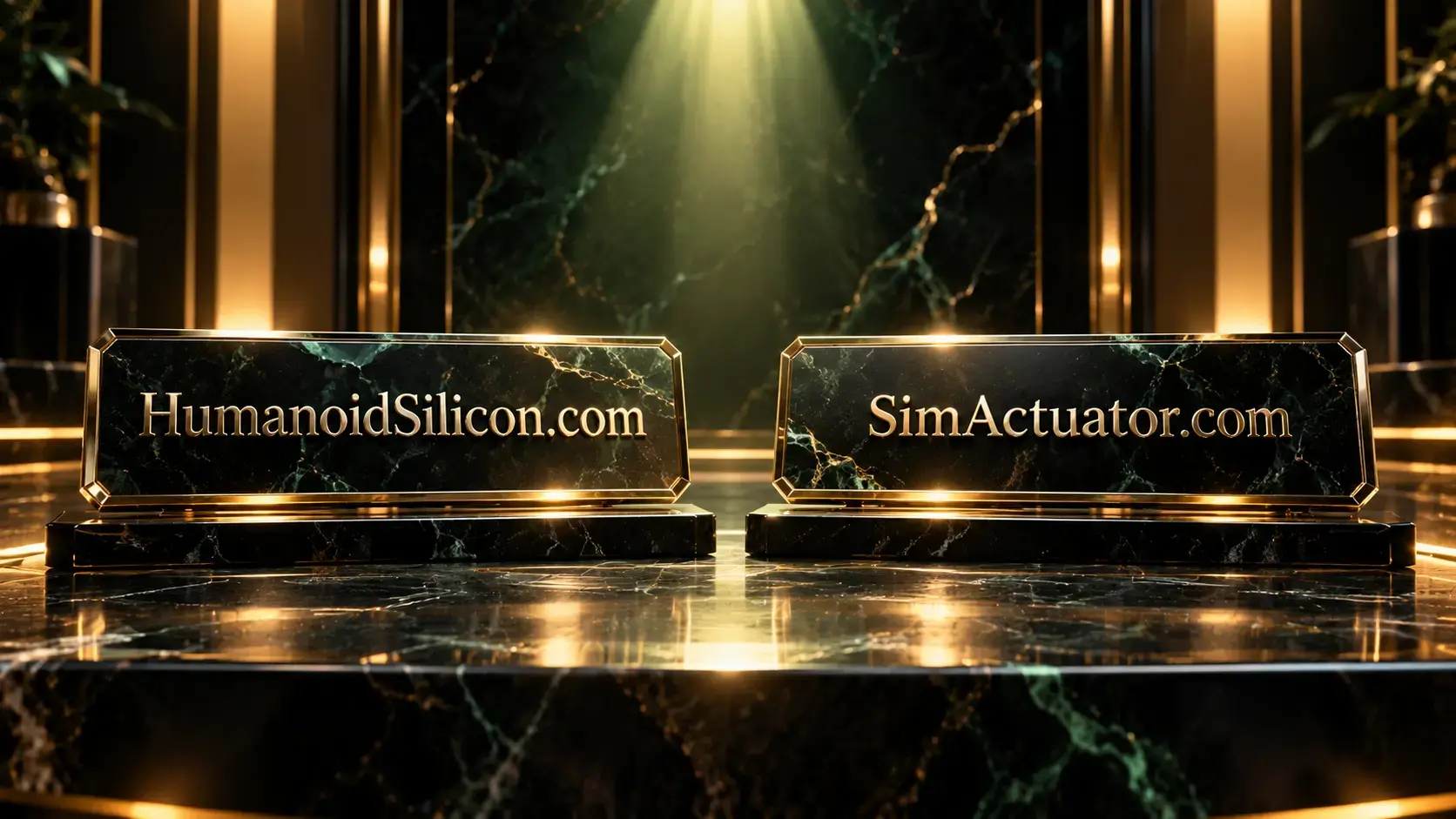 A dark luxury showcase on polished black marble featuring two elegant metallic nameplates reading 'HumanoidSilicon.com' and 'SimActuator.com', illuminated by a dramatic golden-green spotlight for a premium brand presentation