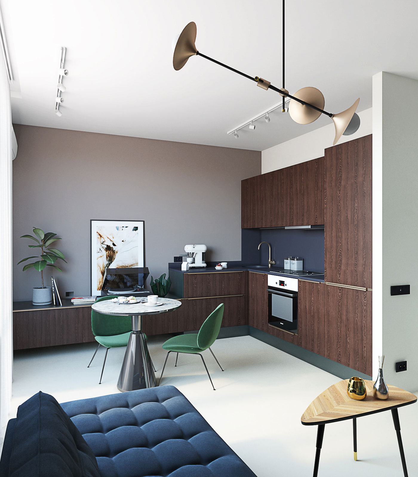 Темная кухня деревянные фасады. Круглый стол. Трековые светильники на кухне.