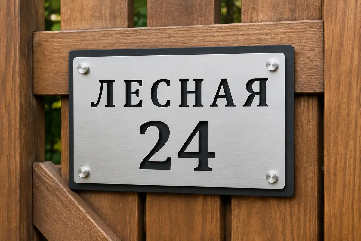 Серебристая адресная табличка ЛЕСНАЯ 24 на чёрной подложке, без подсветки