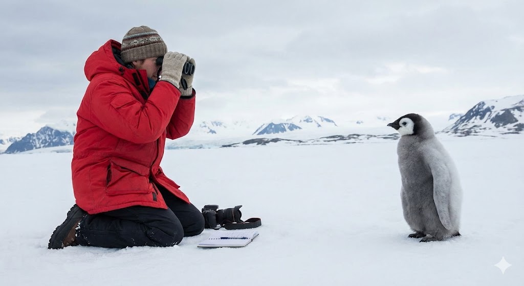 Ученый-орнитолог наблюдает за птенцом пингвина в естественной среде обитания
